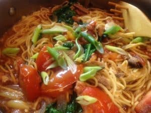 Lo Mein Noodles with Baked Salmon-Smoked Sardines