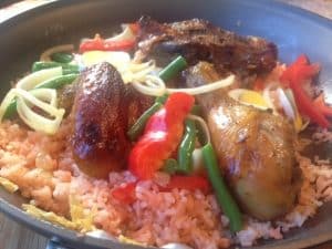 Arroz con Pollo with Chicken Inasal on Rice