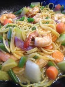 Pancit Canton, Chinese Noodles Stir Fried with Shrimps and Vegetables
