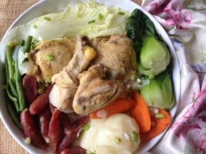 Steamed Chicken with Chinese Sausages and Vegetables