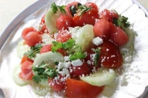 Watermelon-Tomato-Cucumber Salad with Feta Cheese and Mirin Dressing