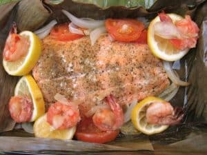 Grilled Salmon and Shrimps in Banana Leaves