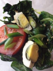 Kangkong – Water Spinach Salad with Salted Eggs, Tomatoes and Honey Vinegar Dressing