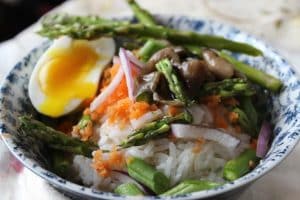 Asparagus Rice with Eggs, Mushrooms and Vegetables