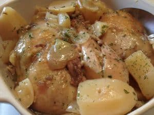 Chicken and Potatoes with Mushrooms in Wine