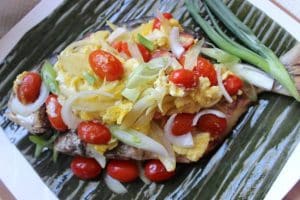 Filipino Sarciadong Isda – Pompano with Tomato-Onions and Egg Topping