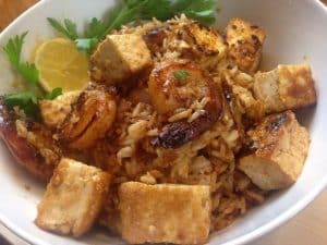 Honey Shrimps with Tofu and Garlic Rice