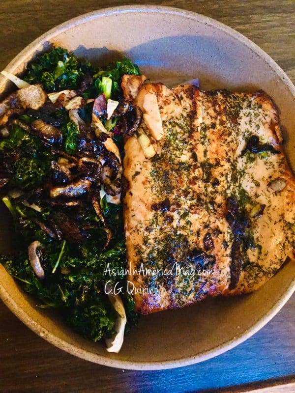 image of Pan Fried Salmon With Oven-Roasted Kale recipe by The Quirino Kitchen